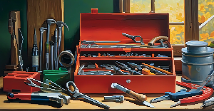 A toolbox filled with colorful hand tools like a claw hammer, screwdrivers, and measuring tape on a wooden workbench, illuminated by warm natural light.