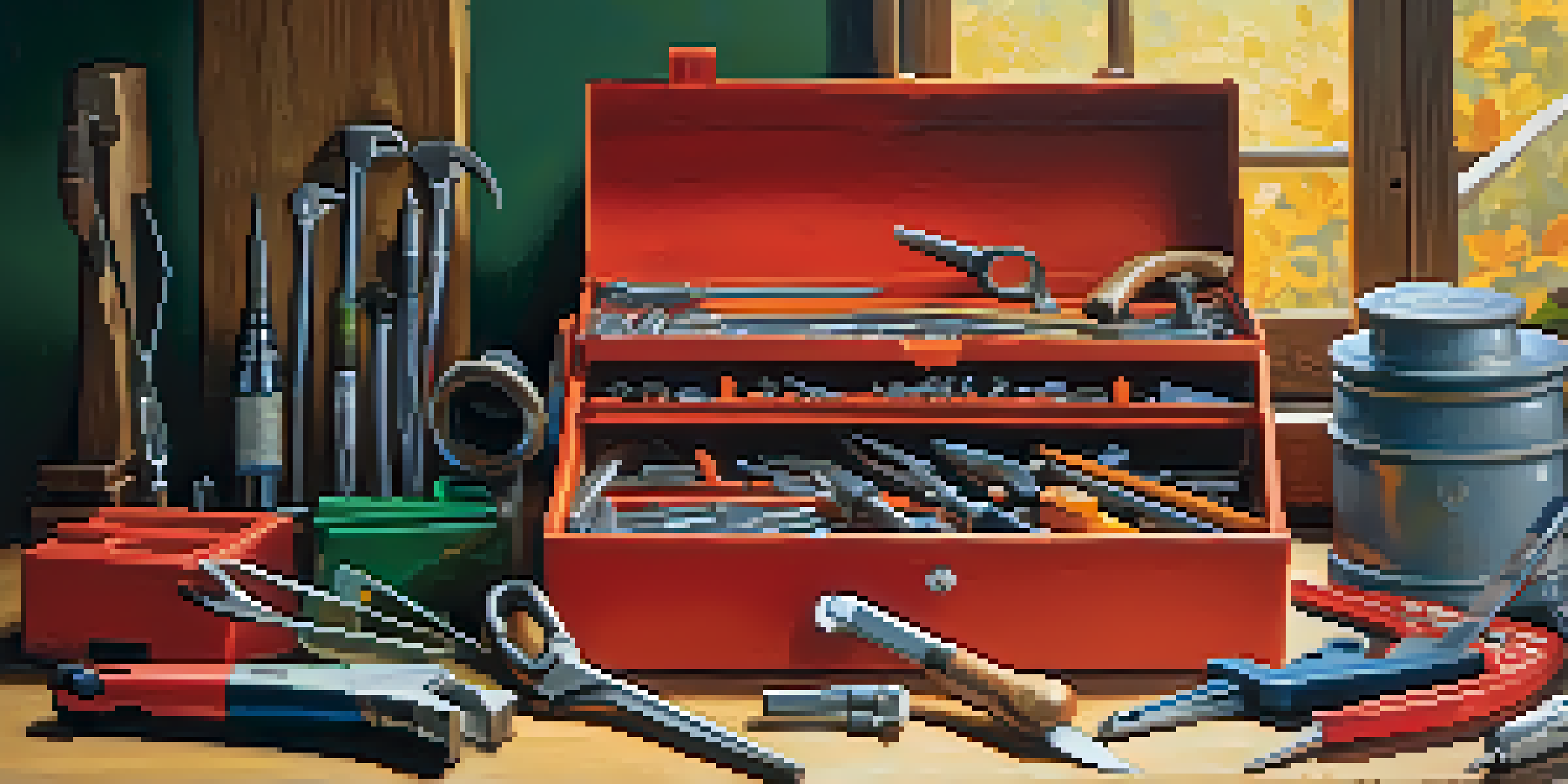 A toolbox filled with colorful hand tools like a claw hammer, screwdrivers, and measuring tape on a wooden workbench, illuminated by warm natural light.
