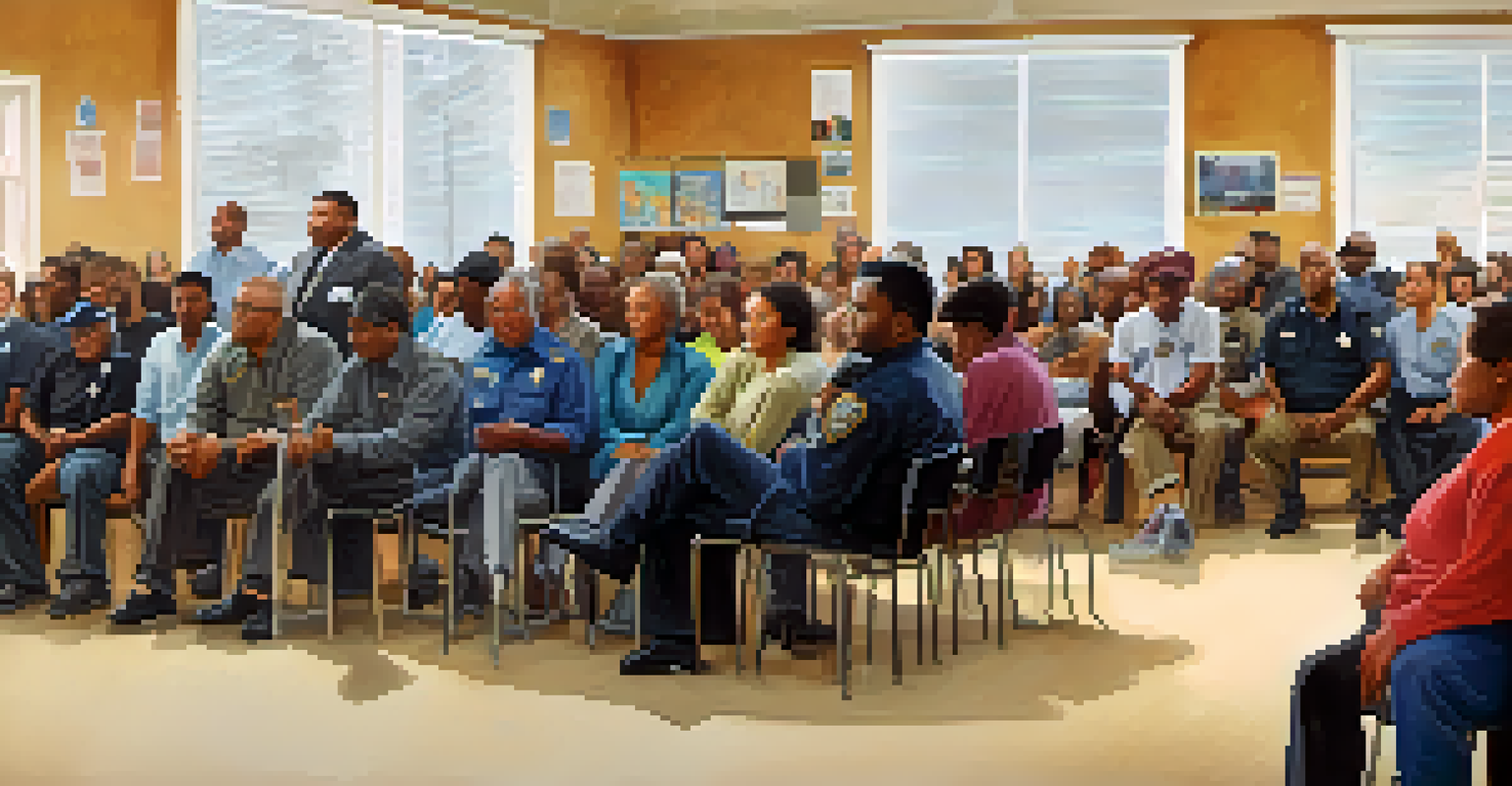 A community meeting with residents and police officers discussing safety initiatives in a welcoming environment.