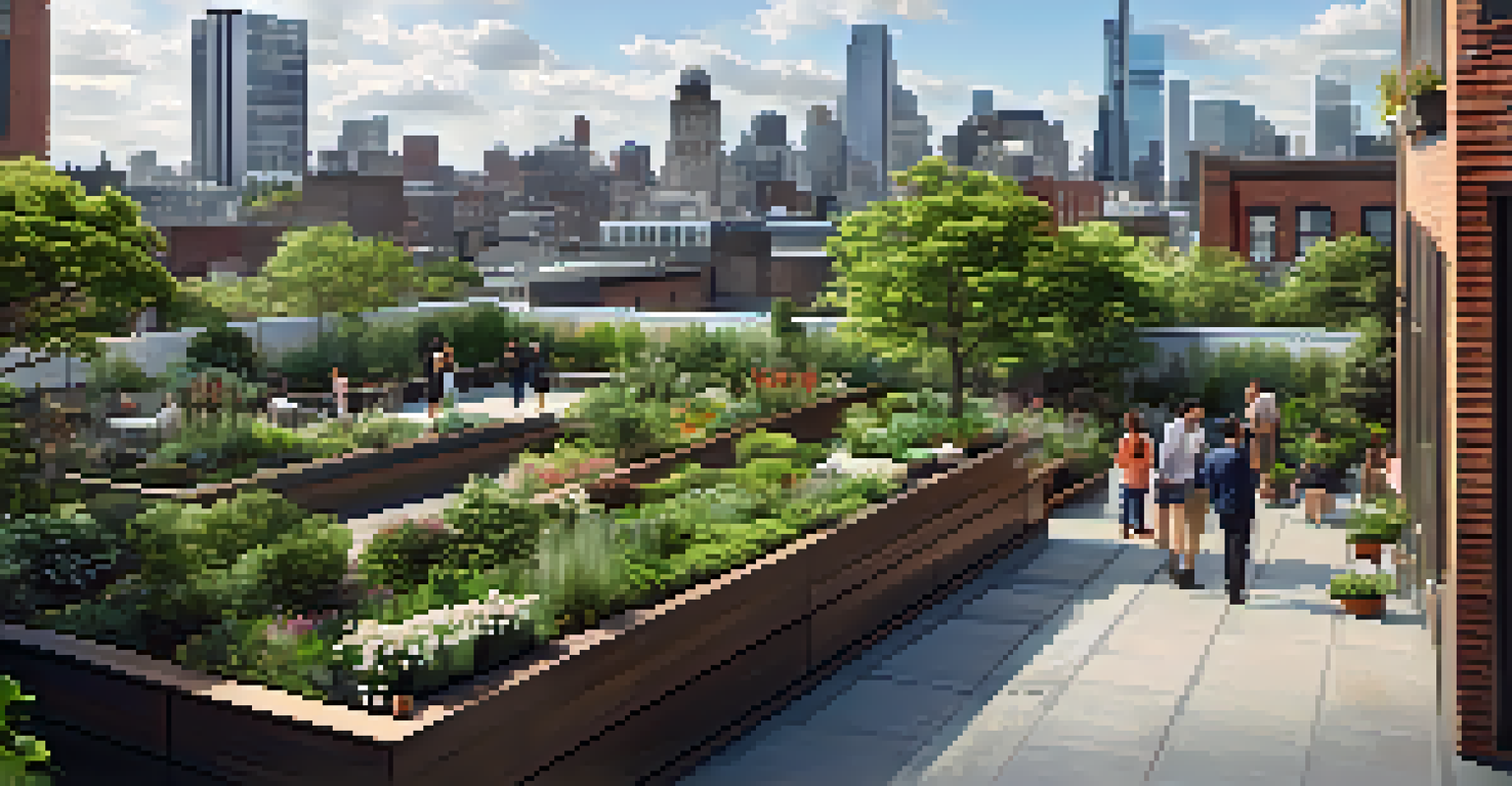 A rooftop garden filled with plants and flowers, people relaxing, with a city skyline in the background.