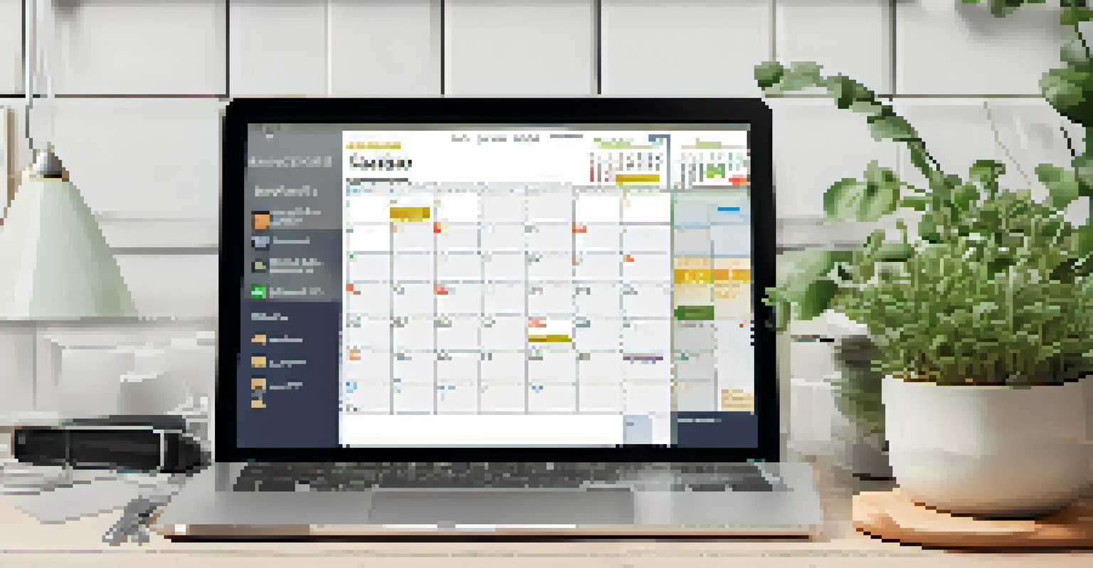A digital calendar on a tablet showing a monthly home maintenance schedule, set against a tidy workspace with tools and a plant.