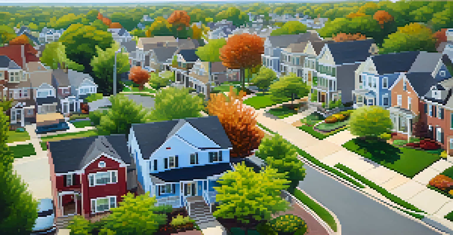 An aerial view of a vibrant suburban neighborhood with colorful houses, gardens, and parks, under bright blue skies.