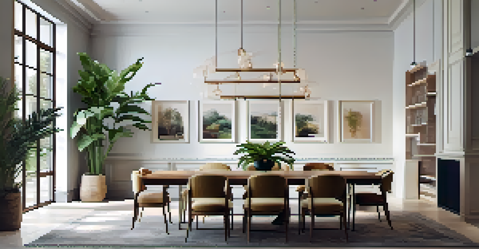 A dining area with high ceilings, featuring a pendant light and vertically arranged framed artwork, with a tall indoor palm plant.