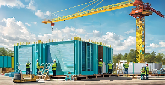A construction site featuring colorful prefabricated modules being assembled under a blue sky, with workers in safety gear collaborating.