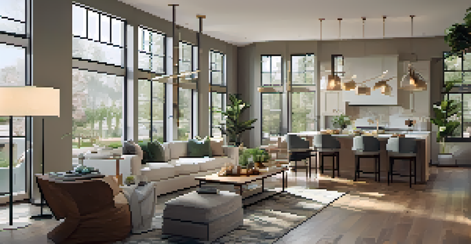 An open floor plan living space with large windows and various lighting options, showcasing a cozy reading nook and a dining area.