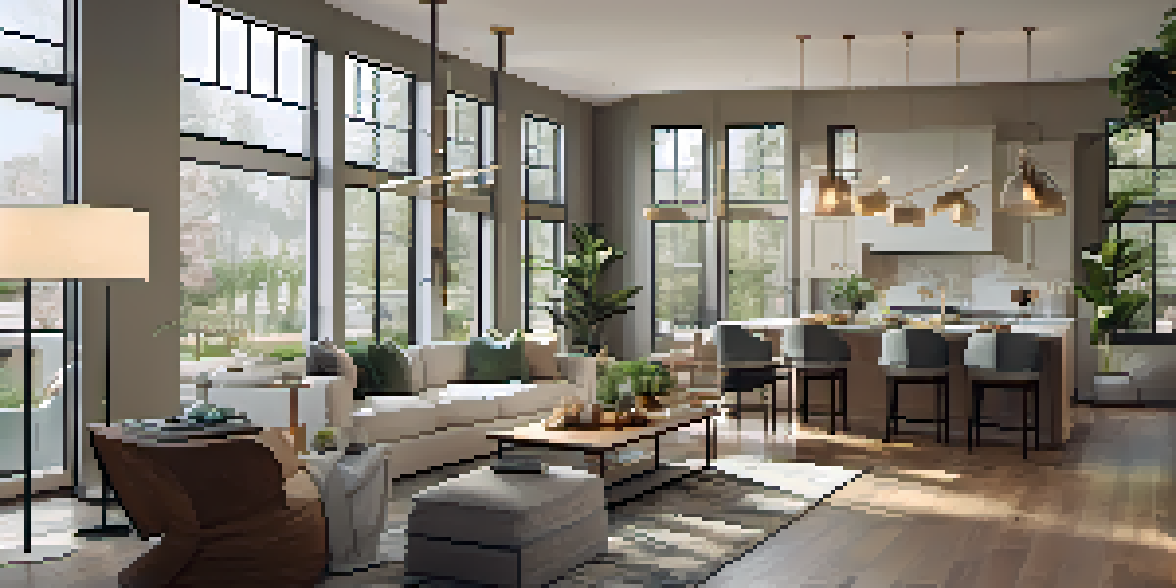 An open floor plan living space with large windows and various lighting options, showcasing a cozy reading nook and a dining area.