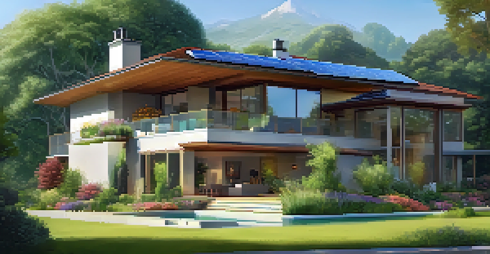 An energy-efficient home with solar panels, surrounded by greenery and flowers under a sunny sky.