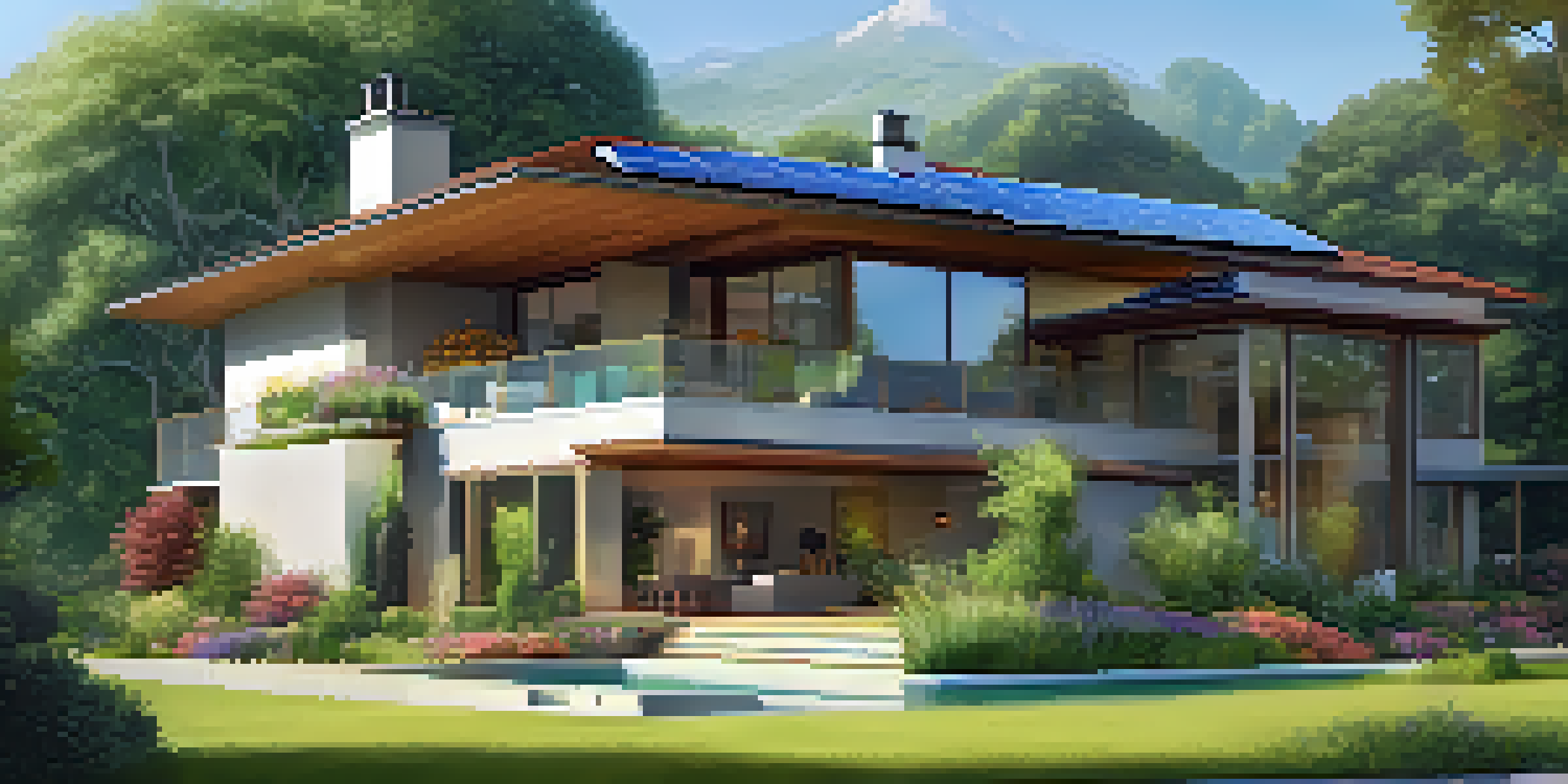 An energy-efficient home with solar panels, surrounded by greenery and flowers under a sunny sky.