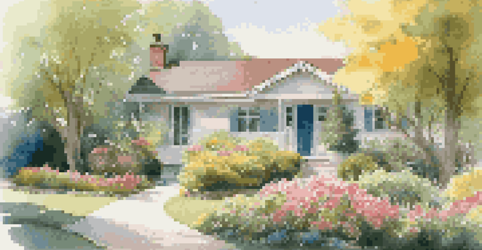 A modern rental property with a colorful garden and a sunny entrance.