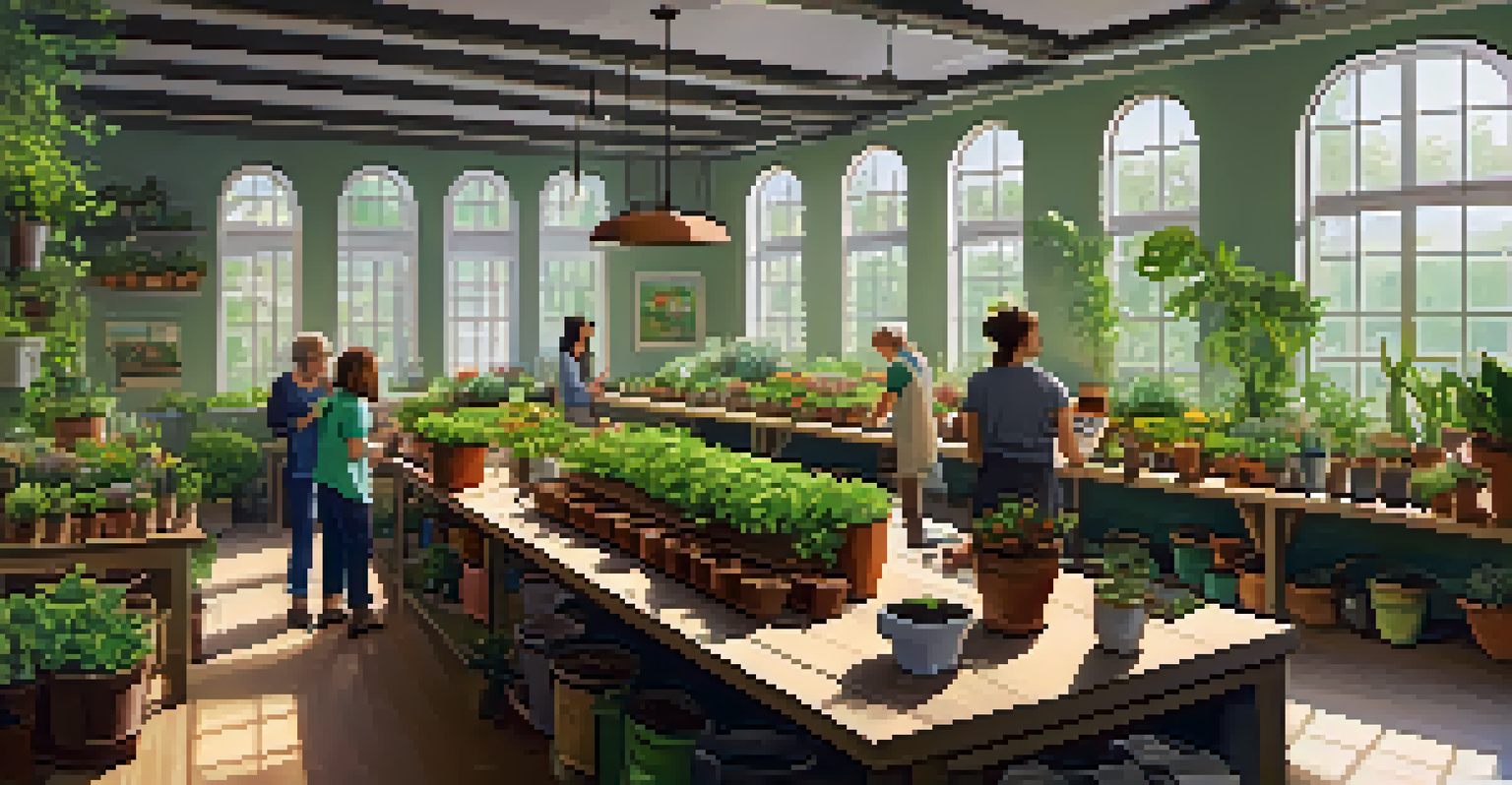An indoor gardening workshop with an instructor teaching planting techniques to participants at a table filled with plants and gardening supplies.