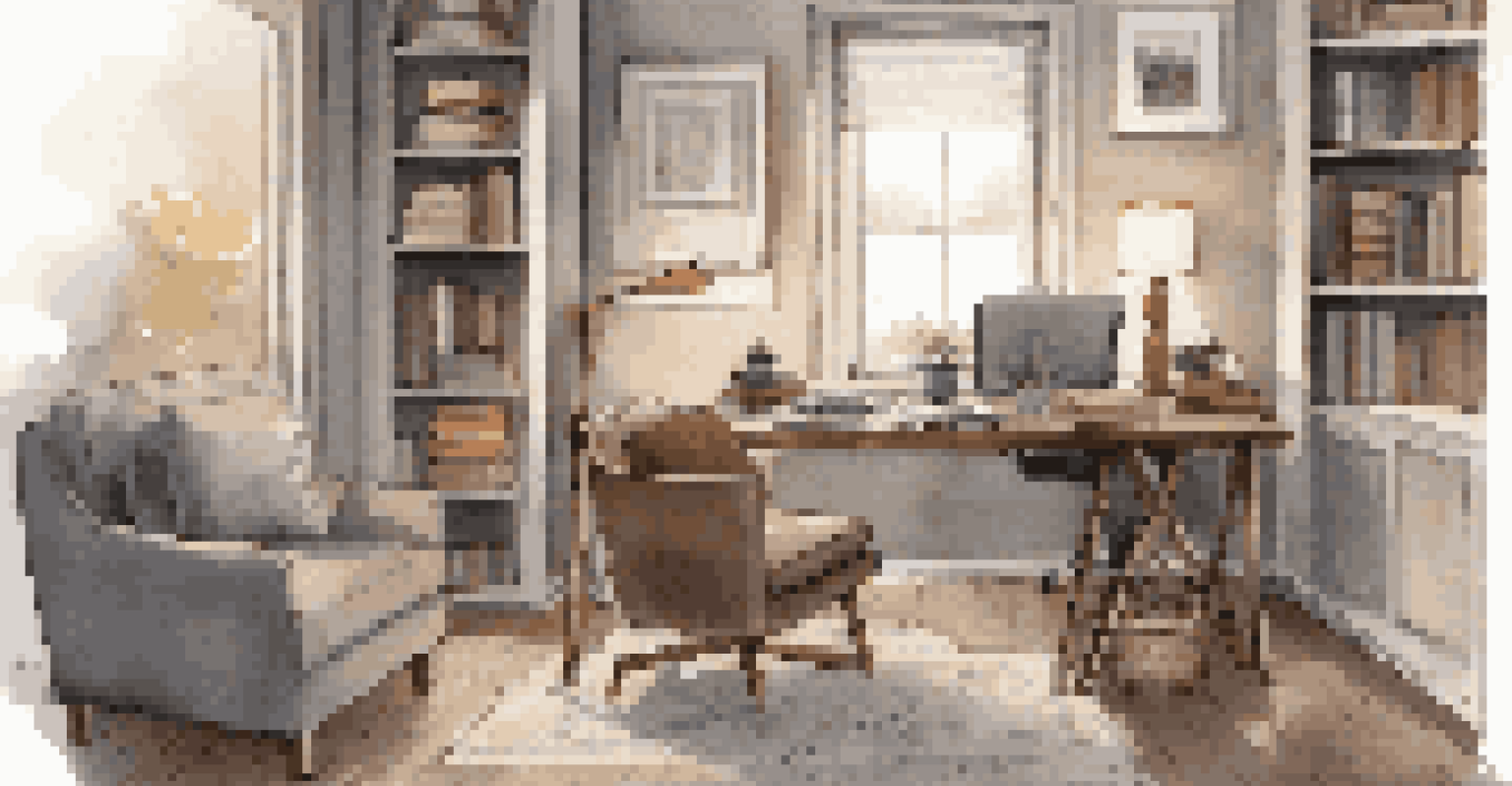 An open-concept workspace with a wooden desk, a comfortable chair, and a reading nook, accented with soft lighting and warm colors.