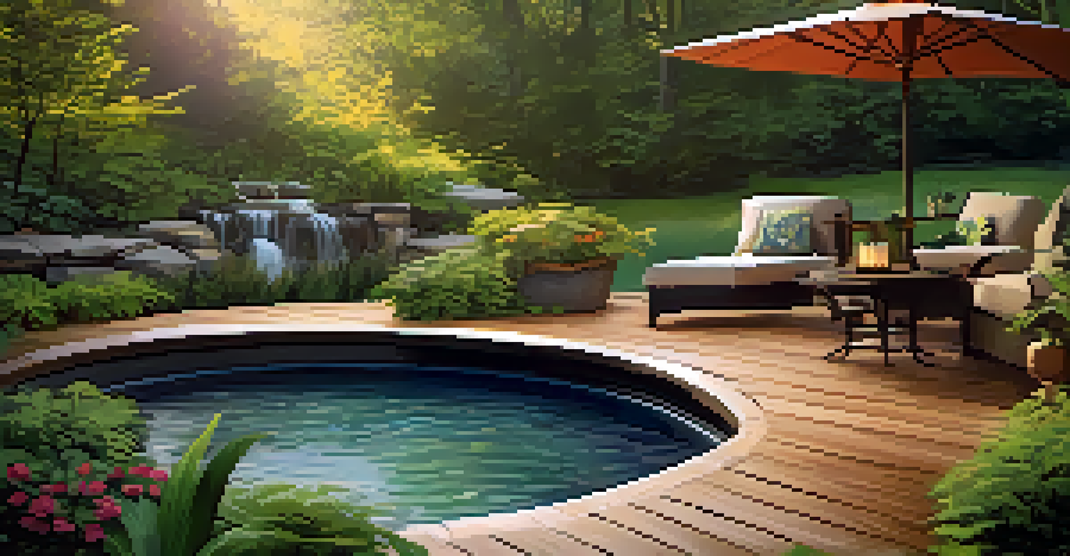 An outdoor living space on a slope with a wooden deck, fire pit, pond, and waterfall surrounded by lush greenery in warm evening light.