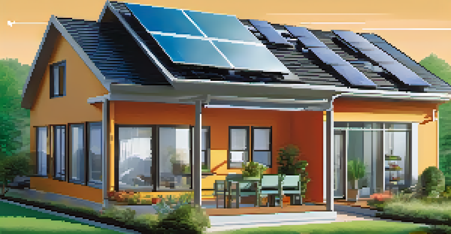 An infographic showcasing sustainable home features like solar panels and energy-efficient windows, with colorful illustrations and labels.