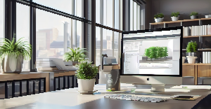 A bright office with a laptop showing property management software, surrounded by paperwork and plants.