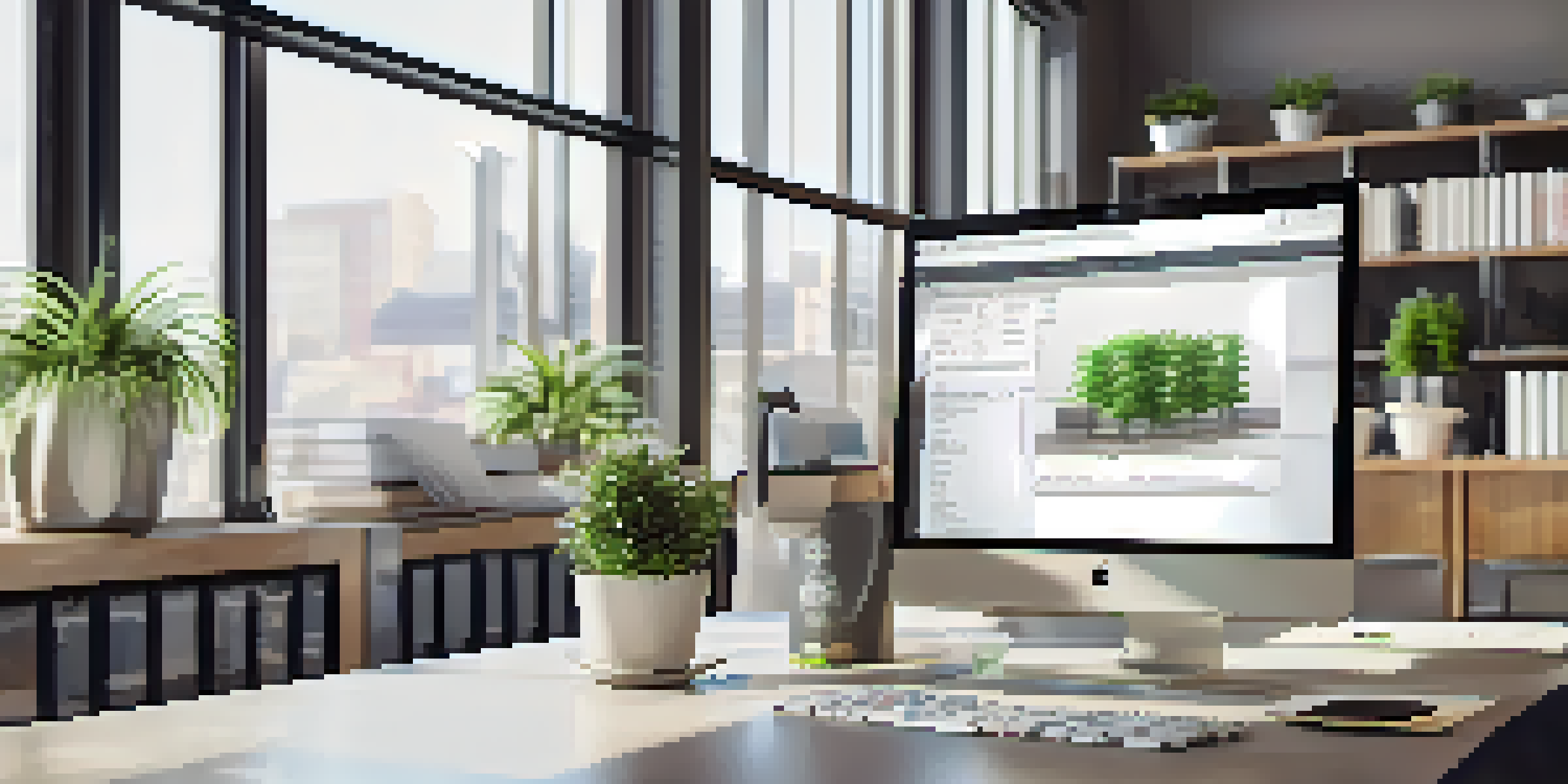 A bright office with a laptop showing property management software, surrounded by paperwork and plants.