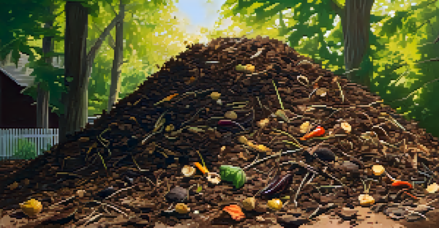 A close-up view of a compost pile showing layers of vegetable scraps and dried leaves under dappled sunlight.