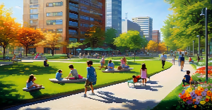A lively urban park with families enjoying the space, surrounded by modern buildings and greenery.