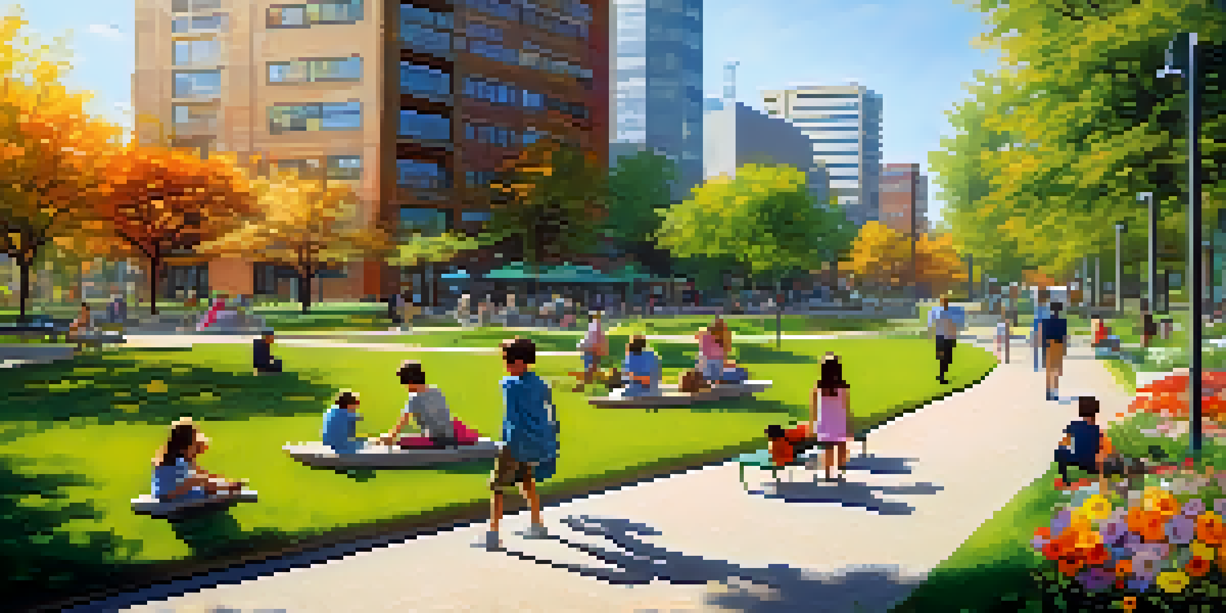 A lively urban park with families enjoying the space, surrounded by modern buildings and greenery.
