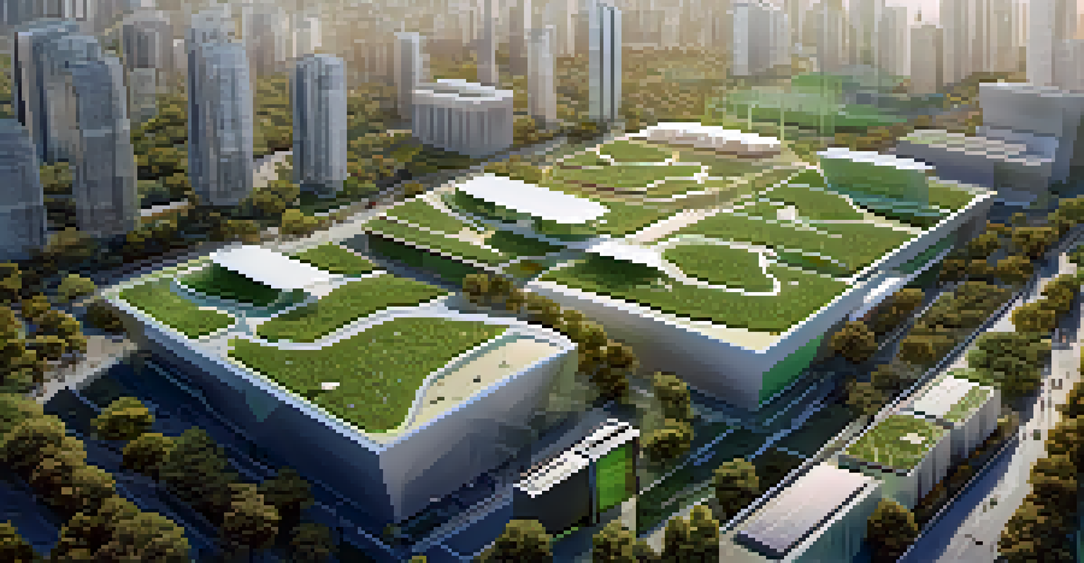 An aerial view of a sustainable smart city featuring green rooftops, solar panels, and smart waste collection trucks.