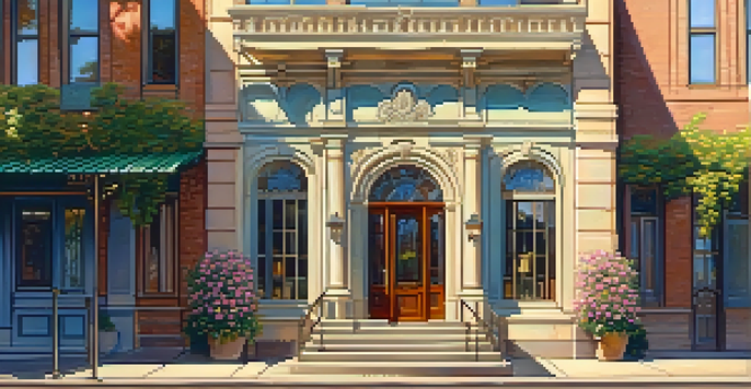 A restored historic building with ornate architectural details, pastel colors, and vibrant flowers in the entryway, illuminated by warm sunlight.