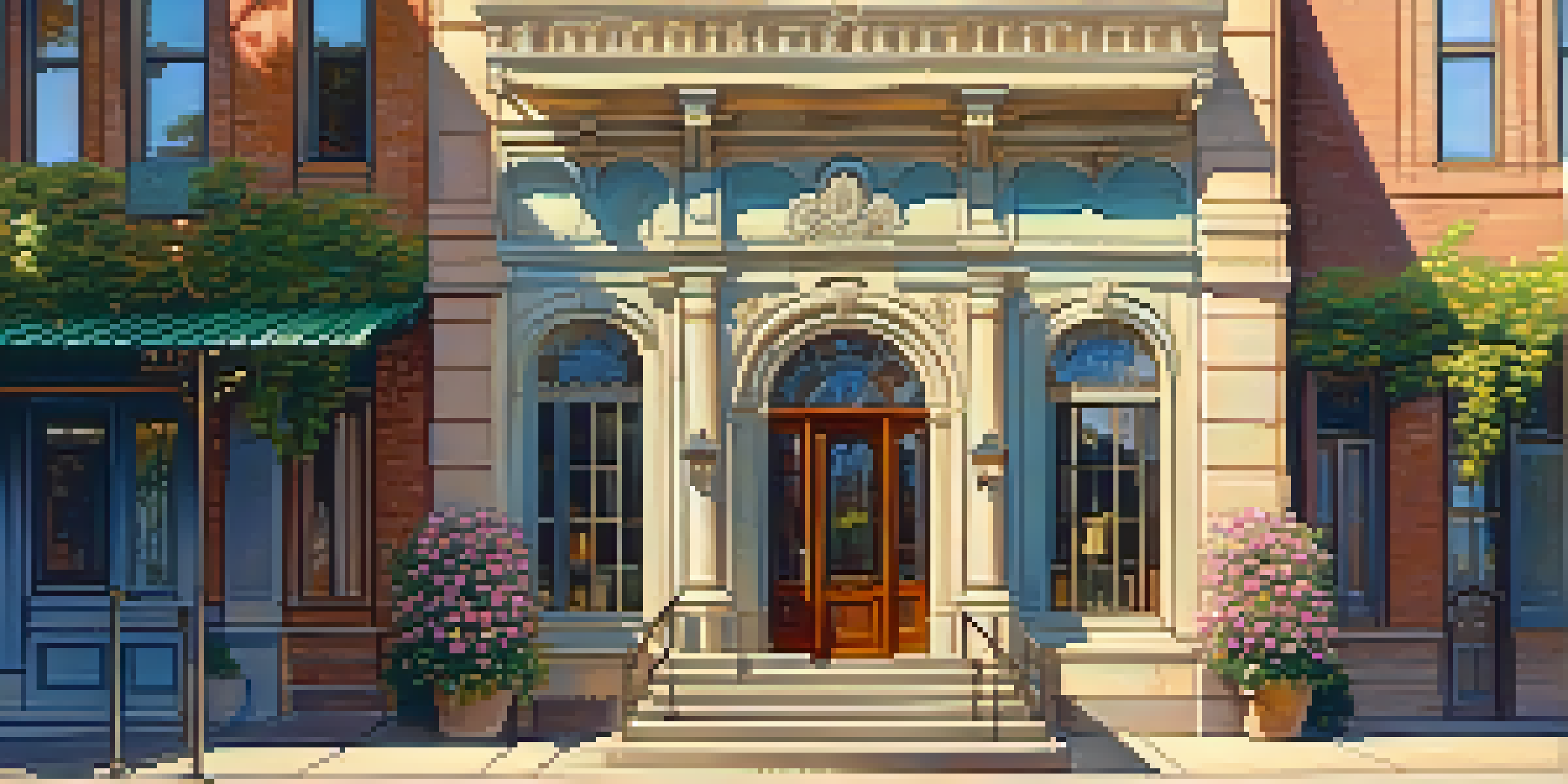 A restored historic building with ornate architectural details, pastel colors, and vibrant flowers in the entryway, illuminated by warm sunlight.