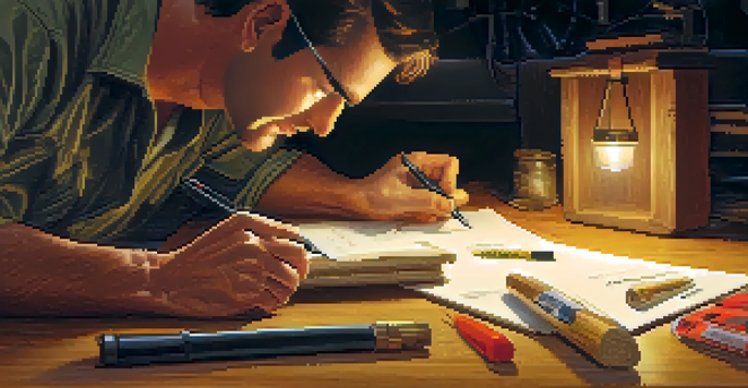 A pest inspector closely examining wooden beams for signs of infestation, with warm lighting and tools visible.