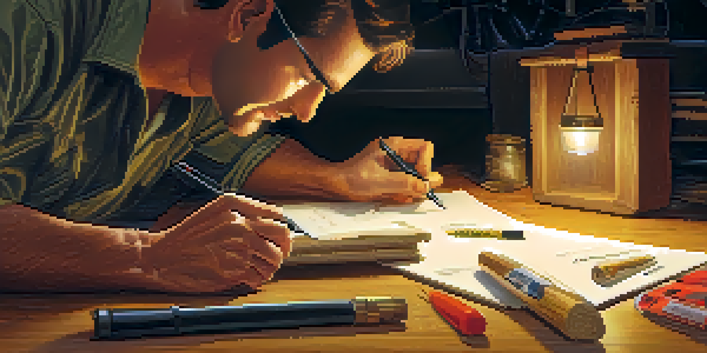 A pest inspector closely examining wooden beams for signs of infestation, with warm lighting and tools visible.