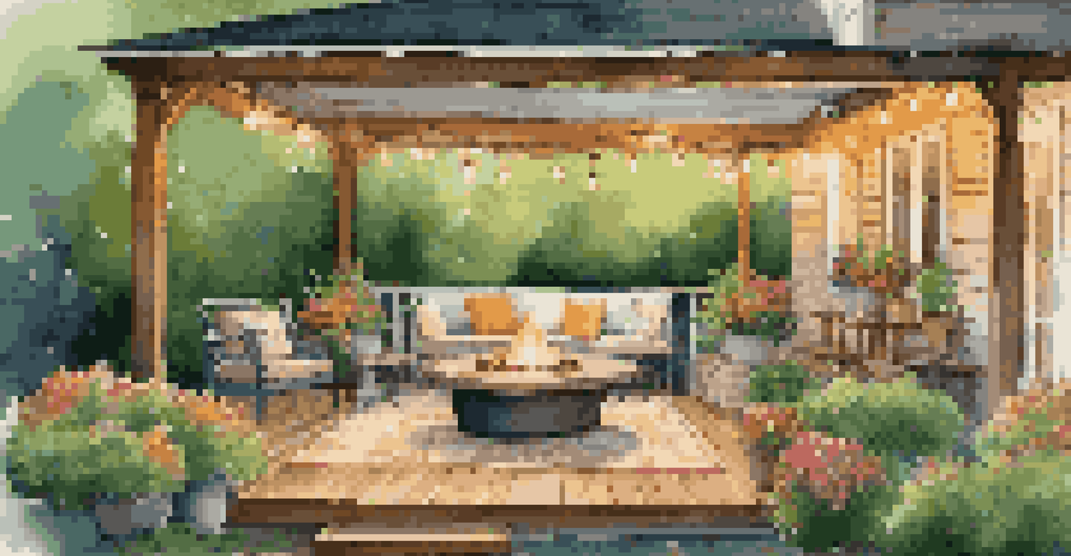 A cozy outdoor living space with seating, flowers, and string lights, designed for relaxation.