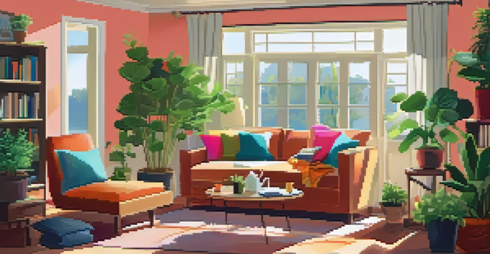 A bright and cozy living room with a sofa, coffee table, books, and plants, illuminated by sunlight from a large window.