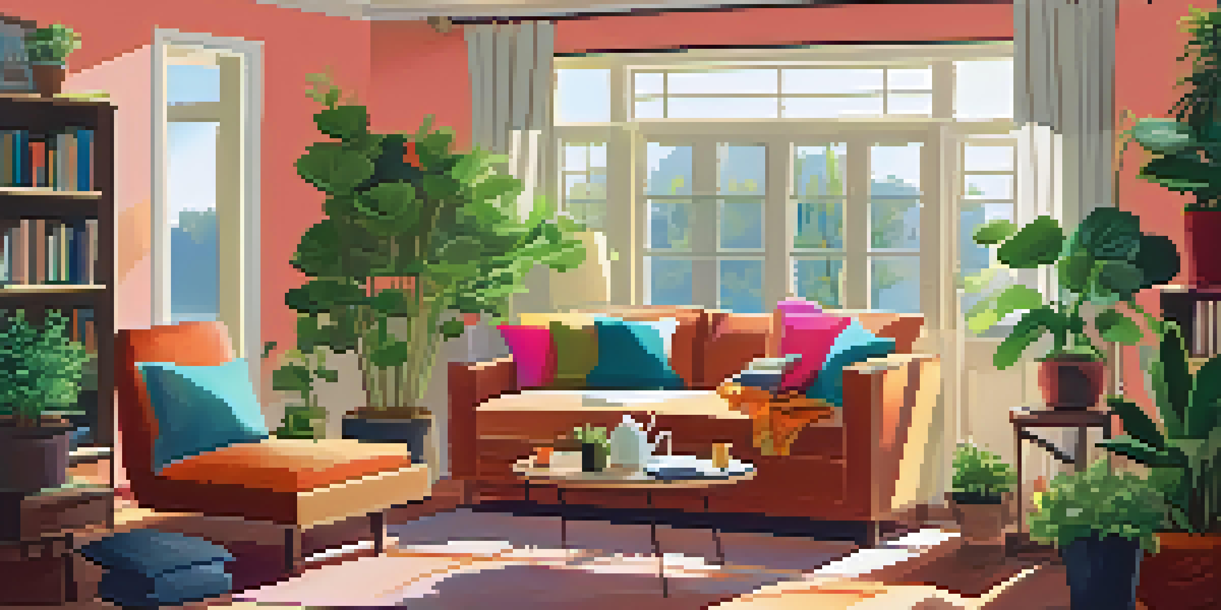 A bright and cozy living room with a sofa, coffee table, books, and plants, illuminated by sunlight from a large window.