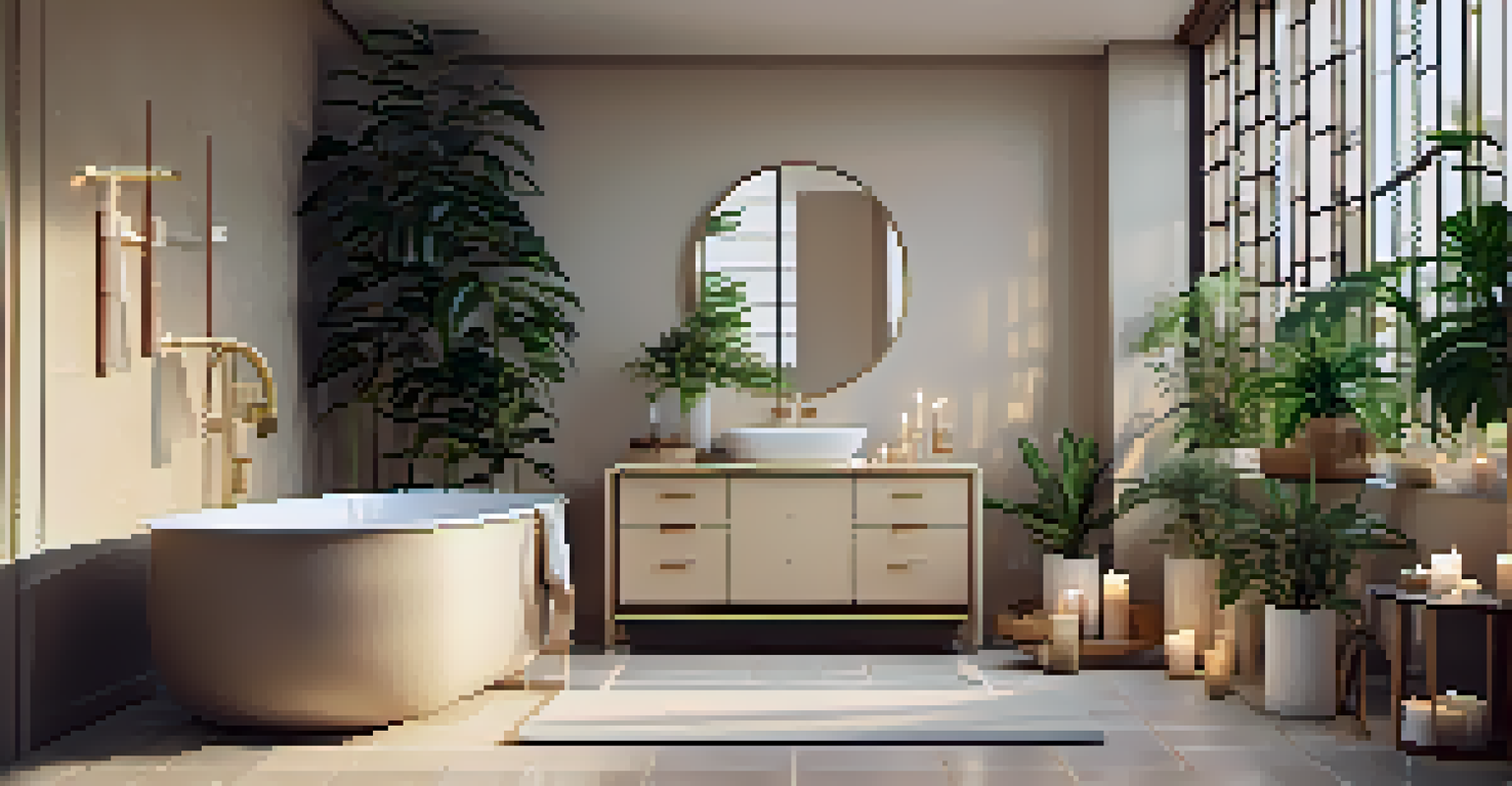 A serene bathroom featuring a freestanding tub, candles, and plants, with soft beige tiles and warm lighting.