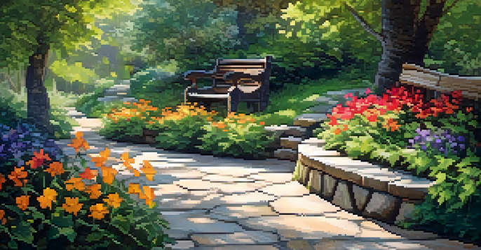 A beautiful winding pathway of flagstone surrounded by colorful flowers and greenery, leading to a rustic wooden bench under soft sunlight.