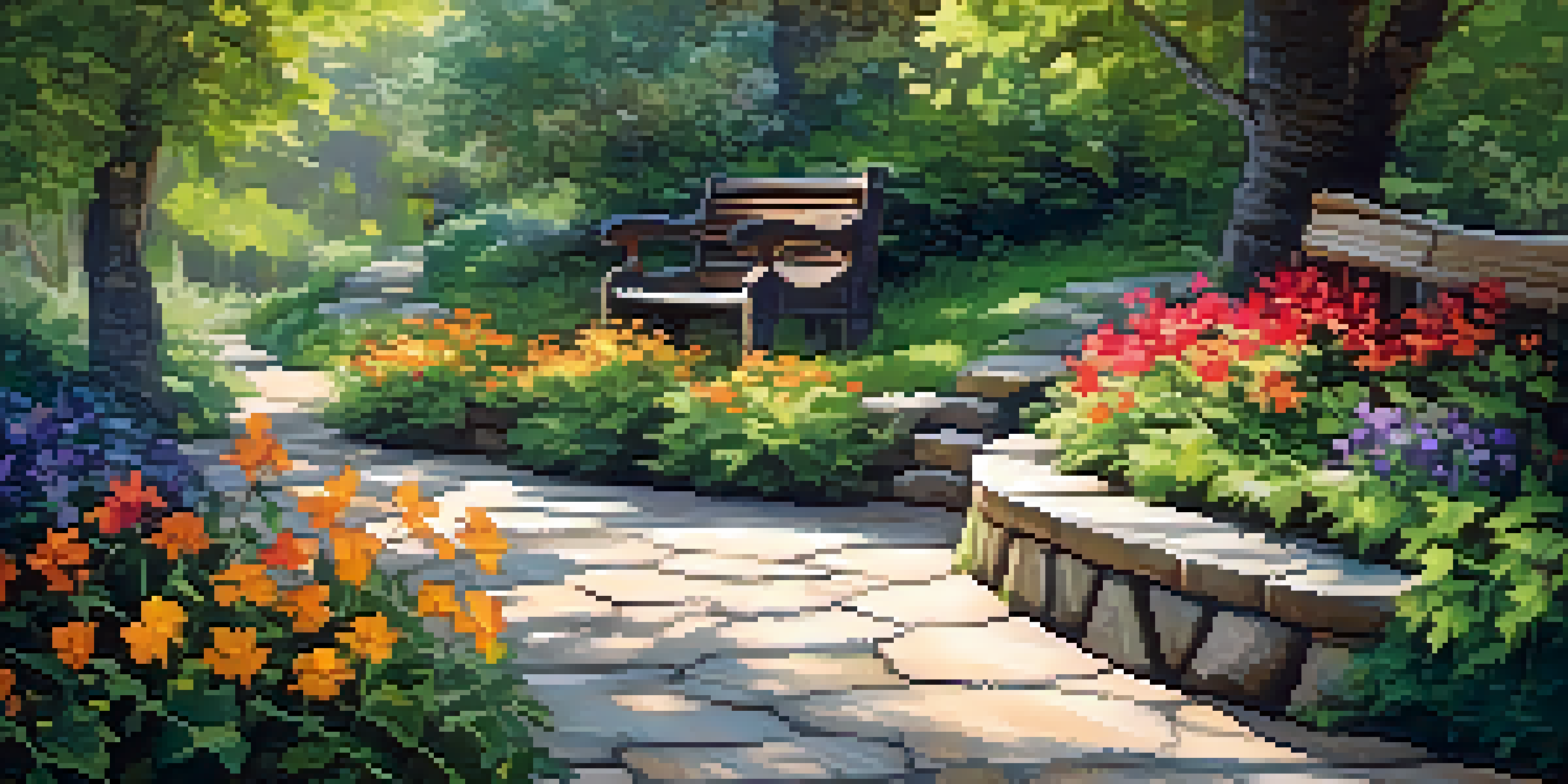 A beautiful winding pathway of flagstone surrounded by colorful flowers and greenery, leading to a rustic wooden bench under soft sunlight.