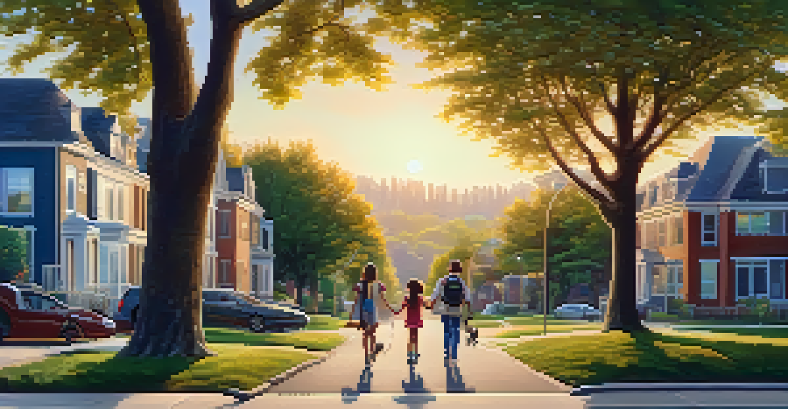 A family enjoying a walk in a neighborhood with a school in the background, showcasing a friendly community.