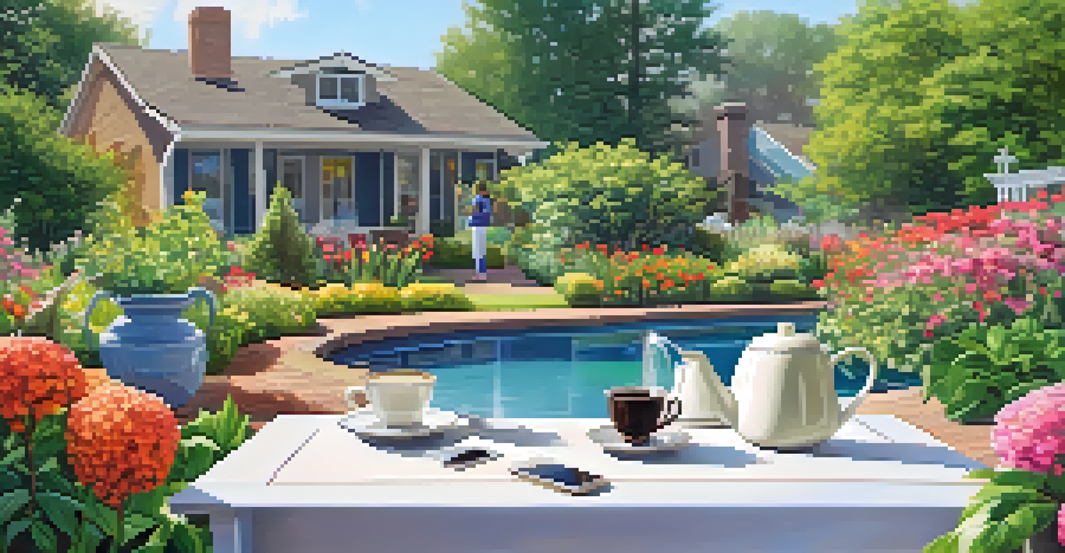 A garden with a smart irrigation system watering flowers and greenery.