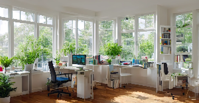 A bright and inviting home office with large windows, a desk with a computer, plants, and a bookshelf.