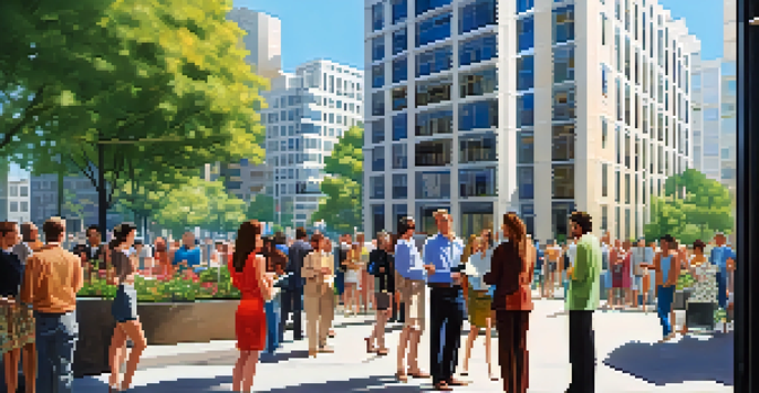 A real estate agent showing an apartment to potential buyers in a busy urban setting with skyscrapers and green trees.