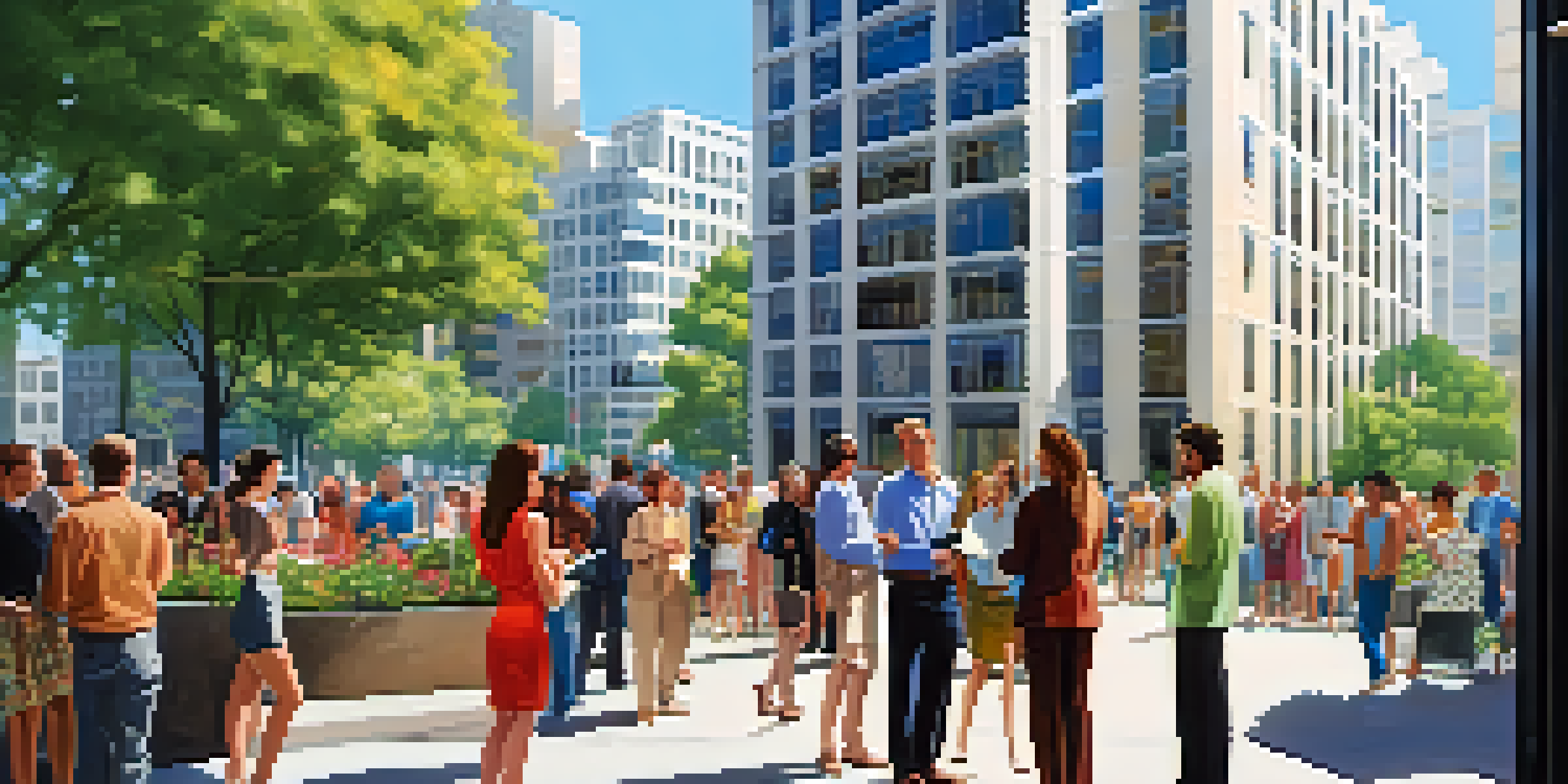A real estate agent showing an apartment to potential buyers in a busy urban setting with skyscrapers and green trees.
