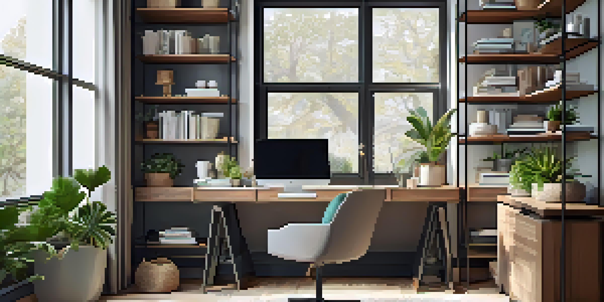 A modern home office with a desk, chair, and shelves filled with plants and books, illuminated by natural light from a window.
