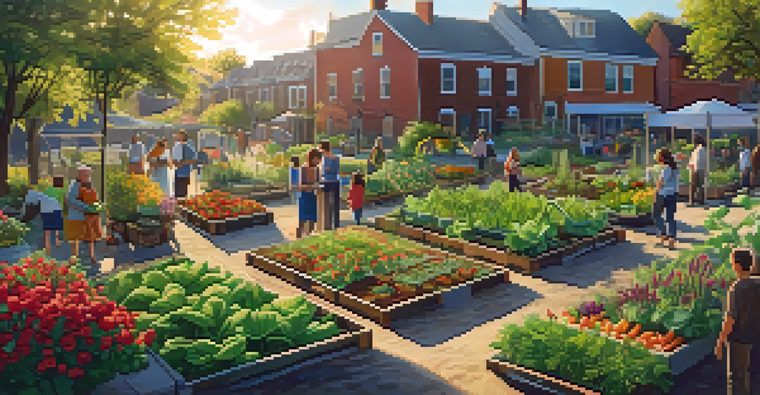 A vibrant community garden with residents gardening, colorful flowers, and wooden raised beds under sunlight.