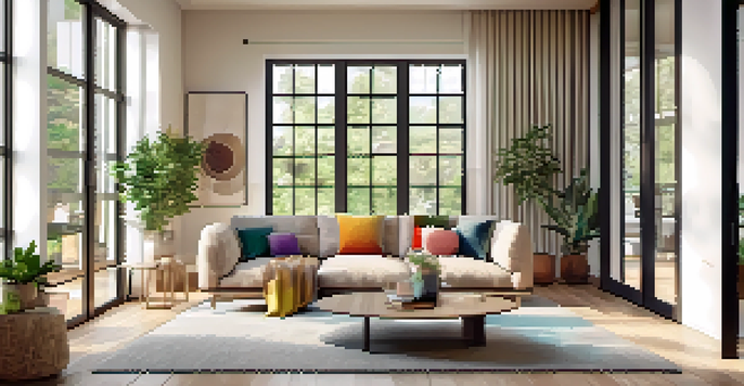 A contemporary living room with a cozy sofa, colorful cushions, and large windows filled with natural light.