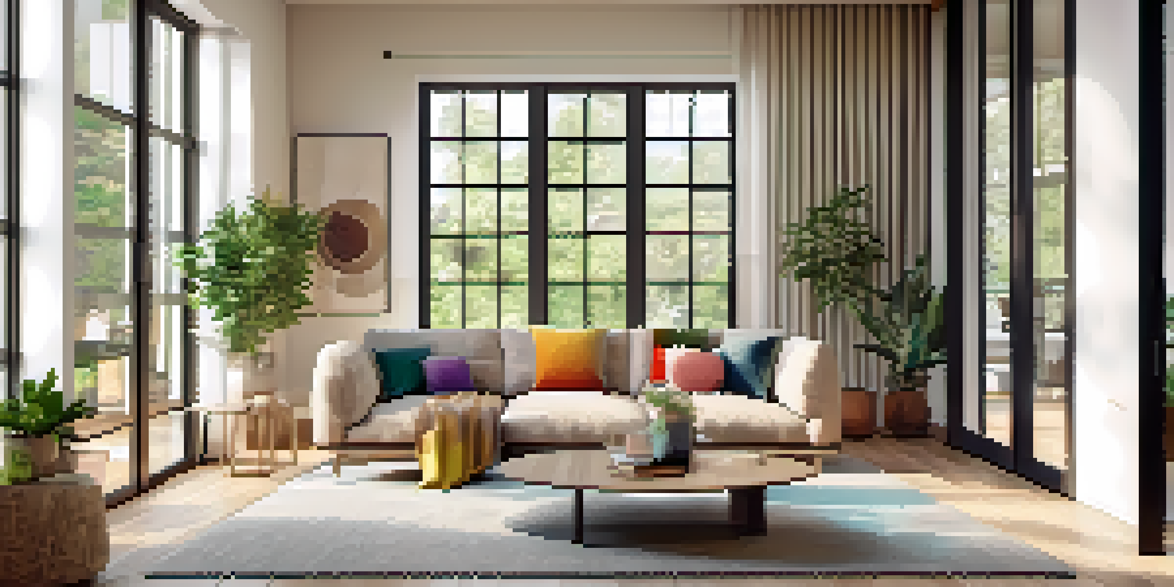 A contemporary living room with a cozy sofa, colorful cushions, and large windows filled with natural light.