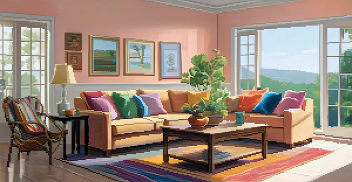 A bright and cozy living room with a sofa, coffee table, and decorative elements, bathed in natural light.
