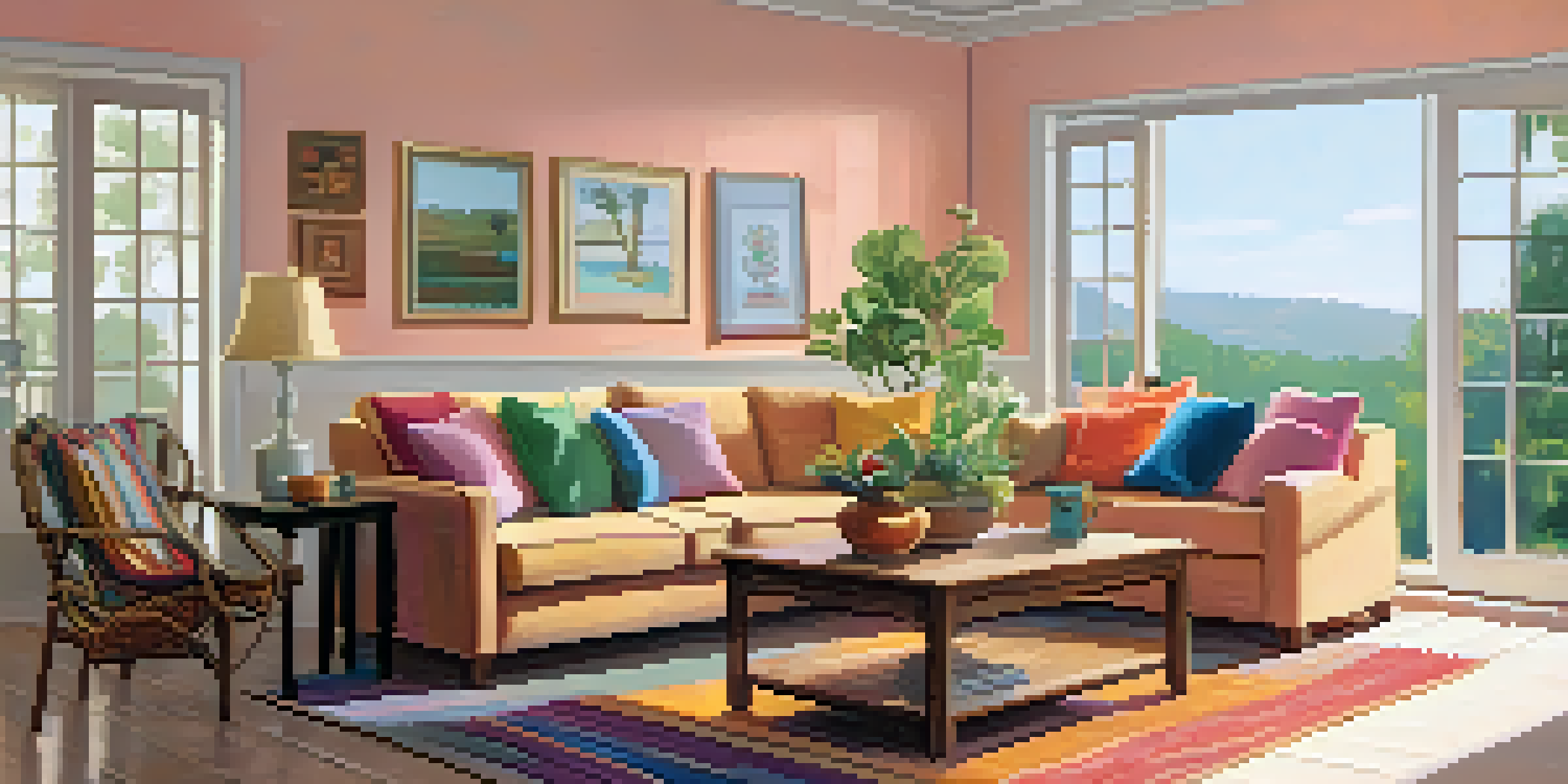 A bright and cozy living room with a sofa, coffee table, and decorative elements, bathed in natural light.