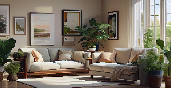 A bright and cozy living room with a large window, warm light, a sofa, and plants.