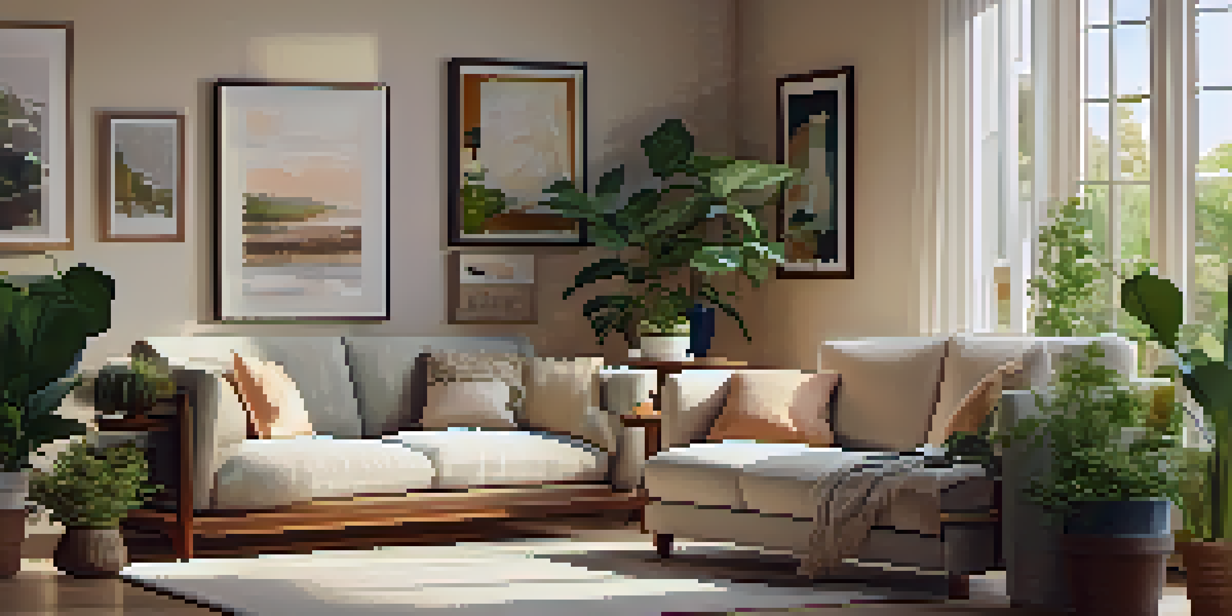 A bright and cozy living room with a large window, warm light, a sofa, and plants.