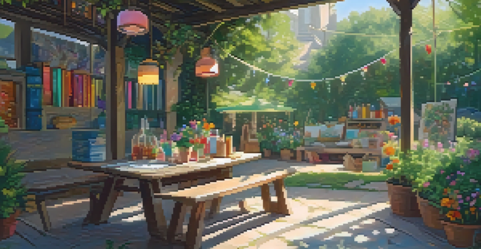 An outdoor craft area with a table full of art supplies, surrounded by greenery and flowers, with sunlight filtering through trees.