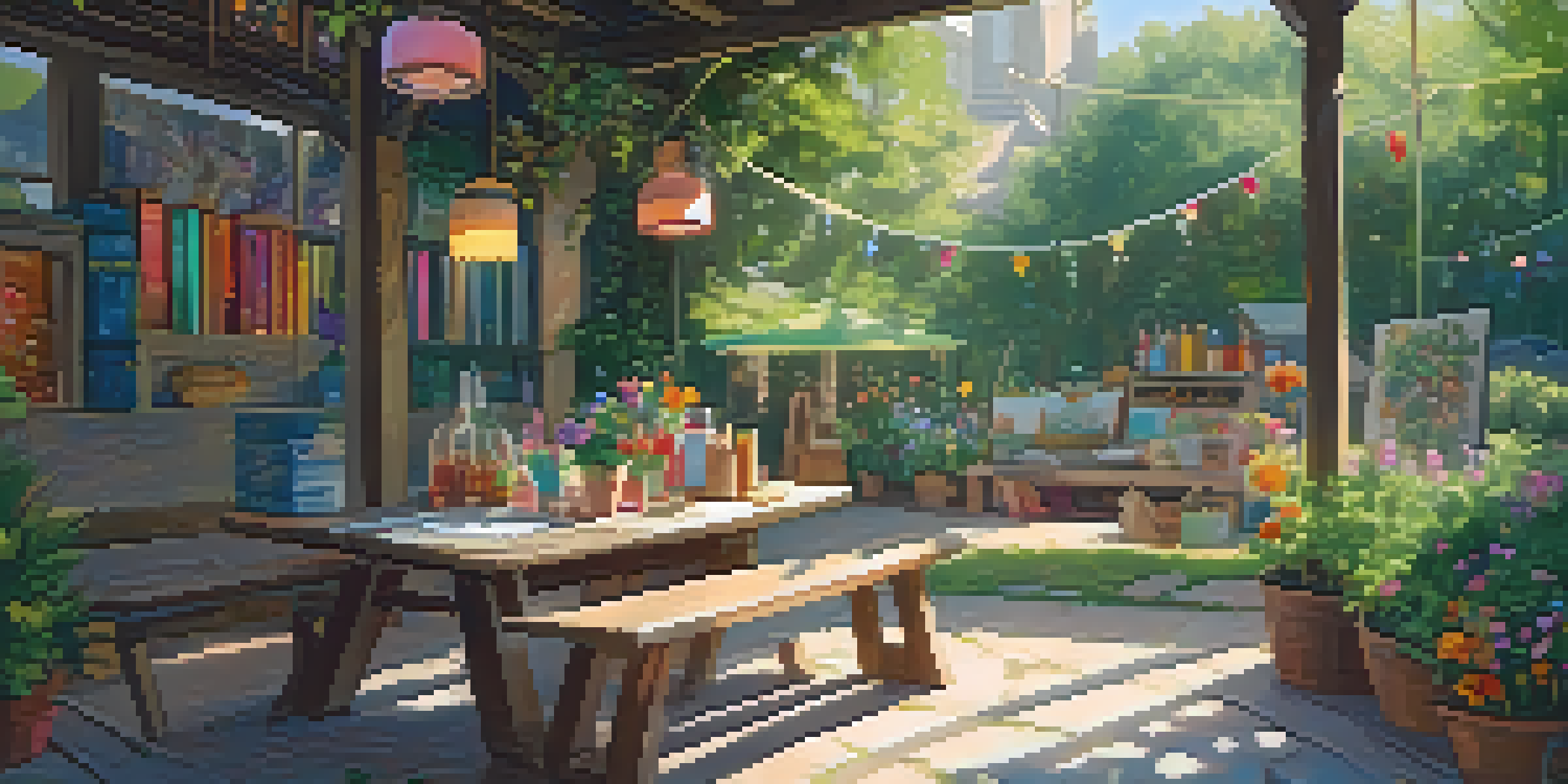 An outdoor craft area with a table full of art supplies, surrounded by greenery and flowers, with sunlight filtering through trees.