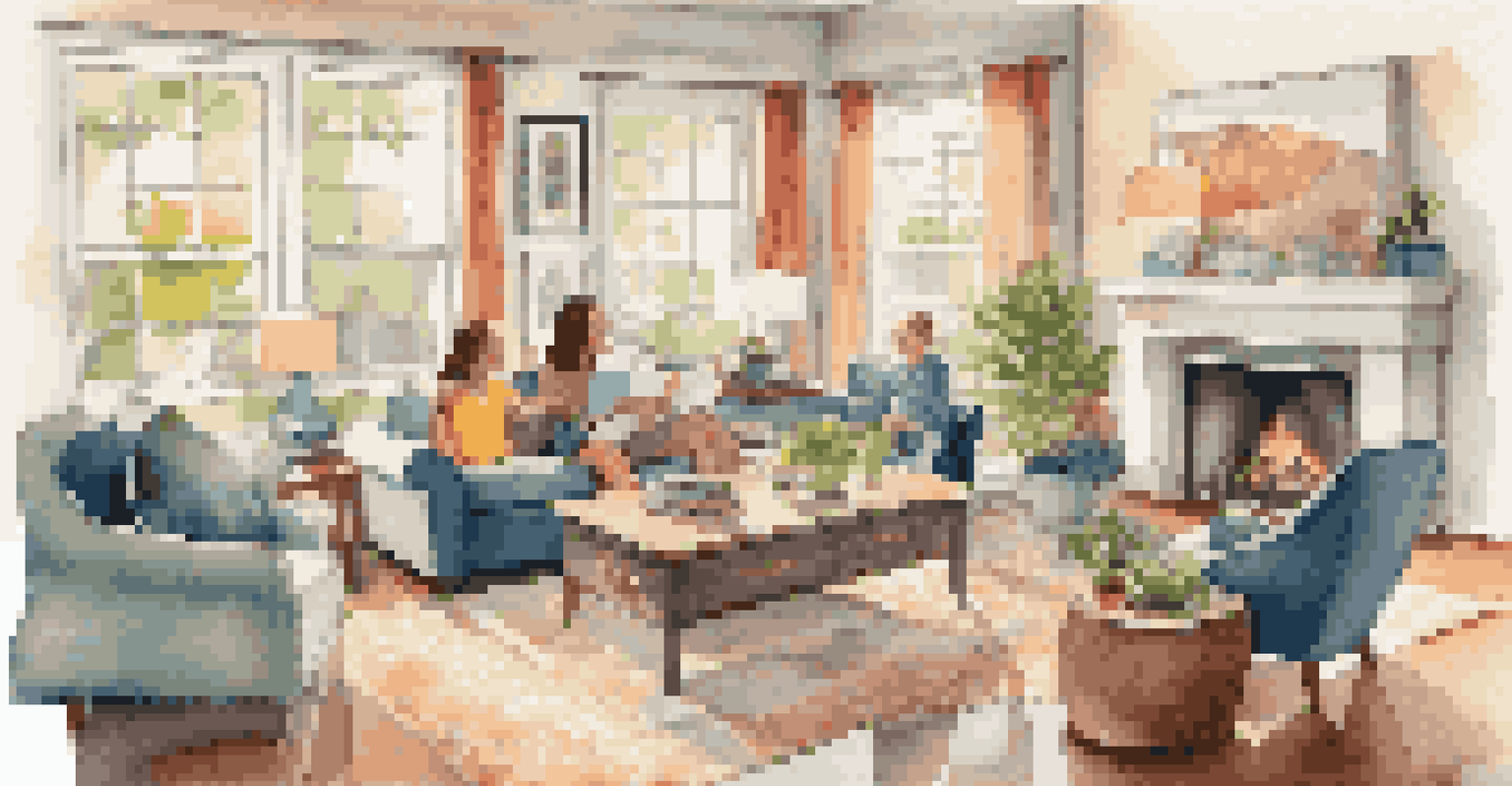 A happy family in a bright living room discussing a home inspection report, with sunlight streaming through large windows and family photos on the walls.