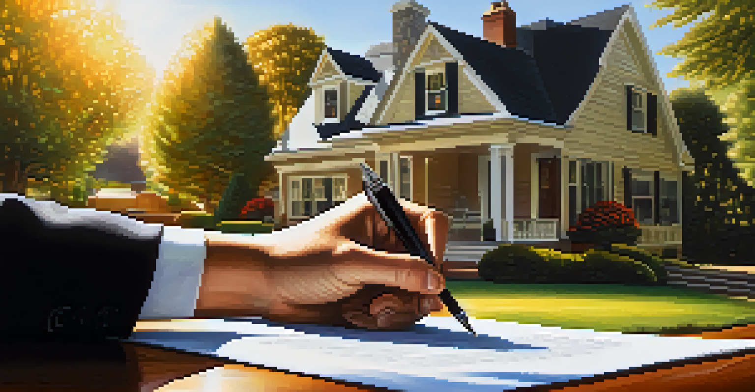 A hand holding a pen over a home purchase agreement with a house in the background.